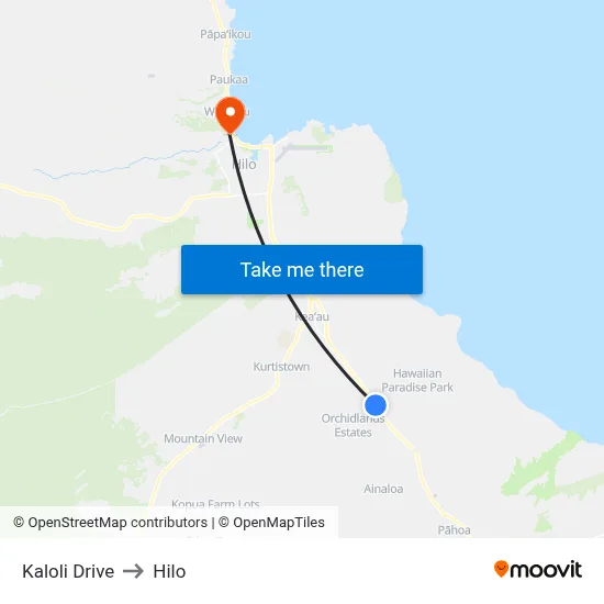 Kaloli Drive to Hilo map