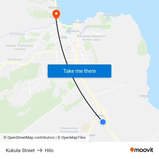 Kukula Street to Hilo map