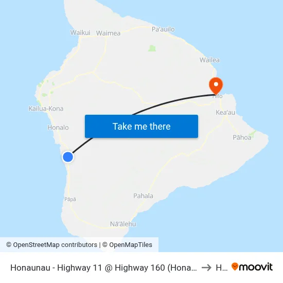 Honaunau - Highway 11 @ Highway 160 (Honaunau Post Office) to Hilo map