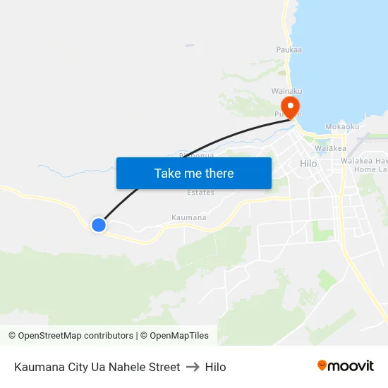 Kaumana City Ua Nahele Street to Hilo map