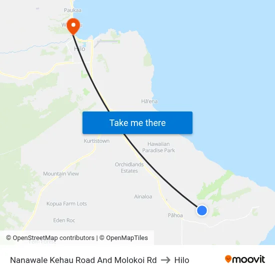 Nanawale Kehau Road And Molokoi Rd to Hilo map