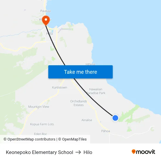 Keonepoko Elementary School to Hilo map