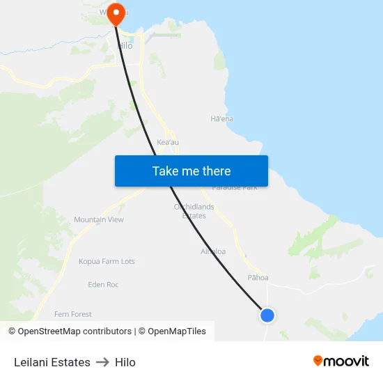 Leilani Estates to Hilo map
