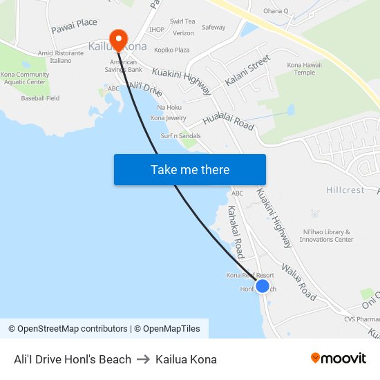 Ali'I Drive Honl's Beach to Kailua Kona map