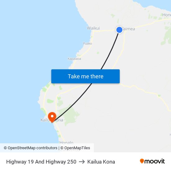 Highway 19 And Highway 250 to Kailua Kona map