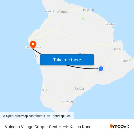 Volcano Village Cooper Center to Kailua Kona map