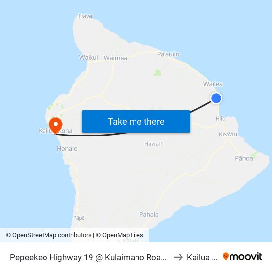 Pepeekeo Highway 19 @ Kulaimano Road (U.S. Post Office) to Kailua Kona map