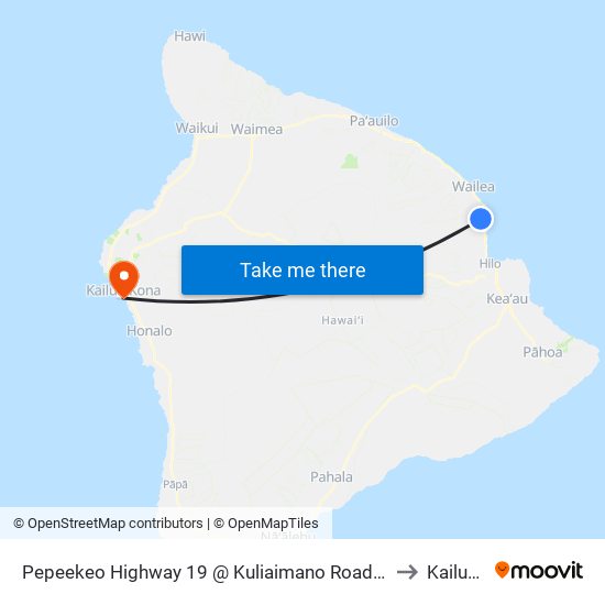 Pepeekeo Highway 19 @ Kuliaimano Road (Across From Us Post Office) to Kailua Kona map