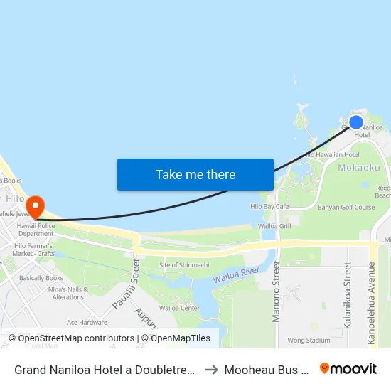 Grand Naniloa Hotel a Doubletree by Hilton Hilo to Mooheau Bus Terminal map