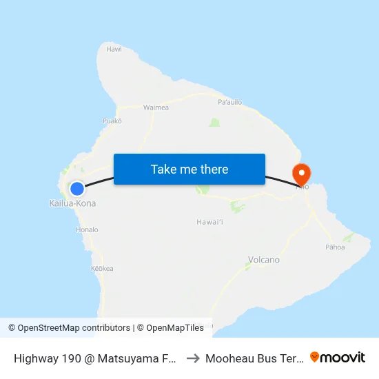 Highway 190 @ Matsuyama Food Mart to Mooheau Bus Terminal map