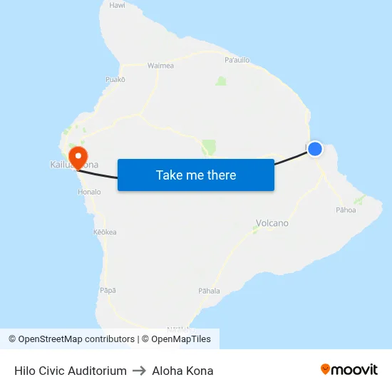 Hilo Civic Auditorium to Aloha Kona map