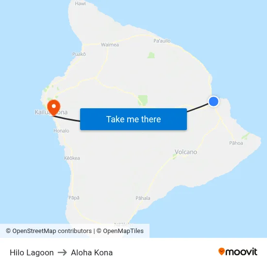 Hilo Lagoon to Aloha Kona map