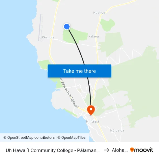 Uh HawaiʻI Community College - Pālamanui Road @ Ane Keohokalole to Aloha Kona map