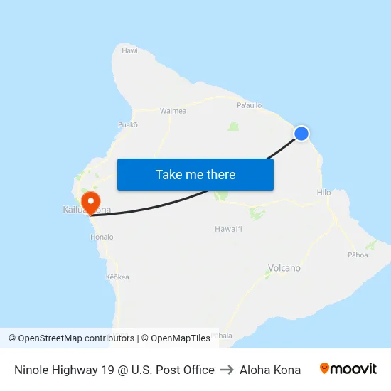 Ninole Highway 19 @ U.S. Post Office to Aloha Kona map