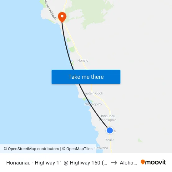 Honaunau - Highway 11 @ Highway 160 (Honaunau Post Office) to Aloha Kona map