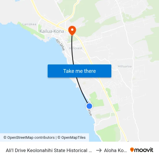Ali'I Drive Keolonahihi State Historical Park to Aloha Kona map