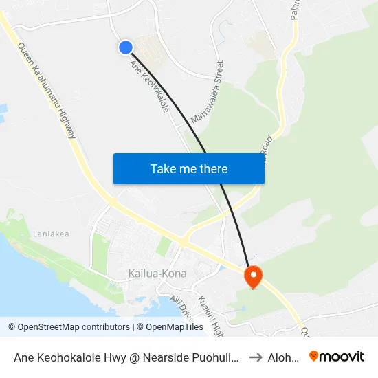 Ane Keohokalole Hwy @ Nearside Puohulihuli St (Kealakehe High School) to Aloha Kona map