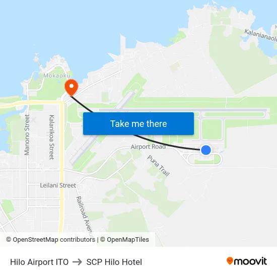 Hilo Airport ITO to SCP Hilo Hotel map