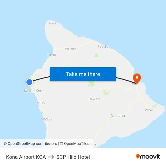 Kona Airport KOA to SCP Hilo Hotel map