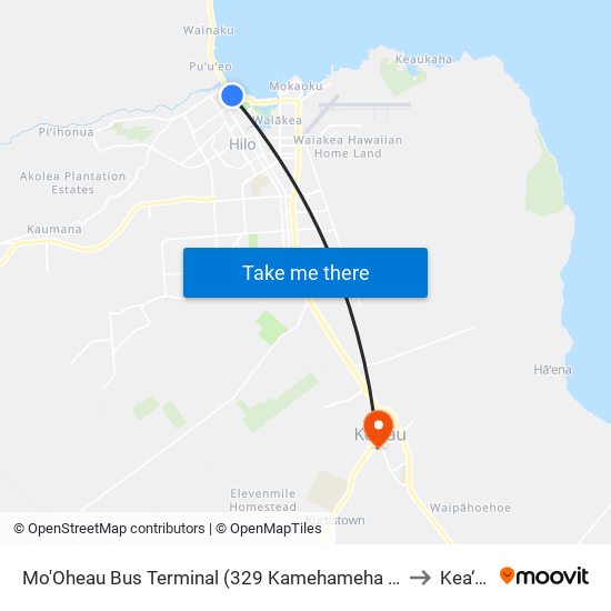 Mo'Oheau Bus Terminal (329 Kamehameha Ave) to Kea‘au map