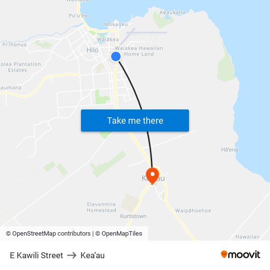 E Kawili Street to Kea‘au map
