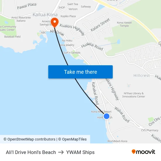 Ali'I Drive Honl's Beach to YWAM Ships map