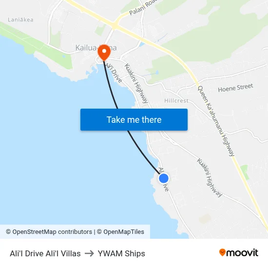 Ali'I Drive Ali'I Villas to YWAM Ships map