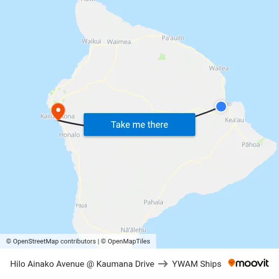 Hilo Ainako Avenue @ Kaumana Drive to YWAM Ships map