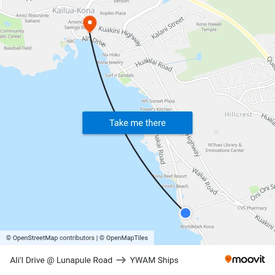 Ali'I Drive @ Lunapule Road to YWAM Ships map