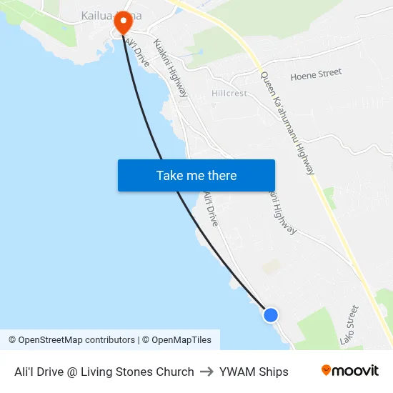 Ali'I Drive @ Living Stones Church to YWAM Ships map