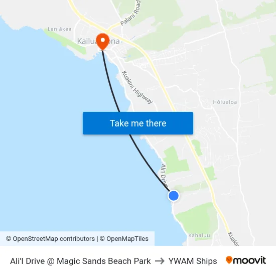 Ali'I Drive @ Magic Sands Beach Park to YWAM Ships map