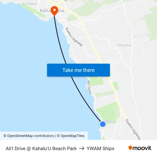 Ali'I Drive @ Kahalu'U Beach Park to YWAM Ships map