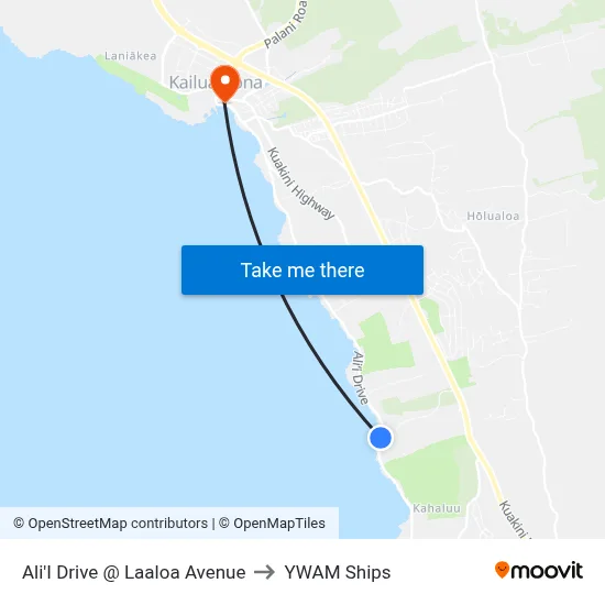 Ali'I Drive @ Laaloa Avenue to YWAM Ships map