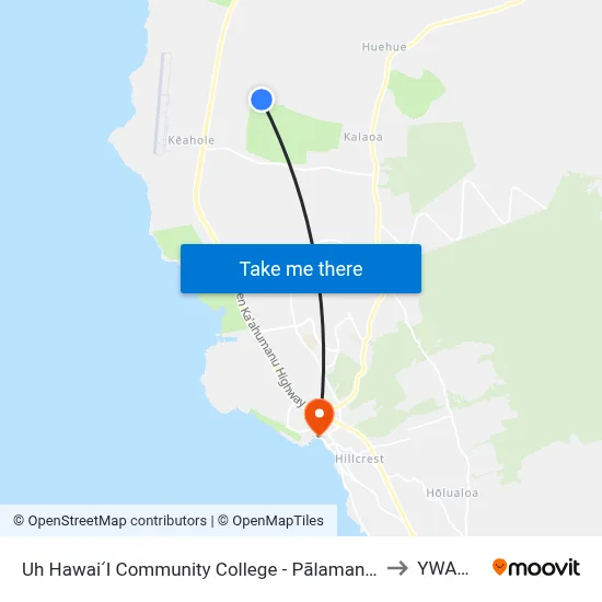 Uh HawaiʻI Community College - Pālamanui Road @ Ane Keohokalole to YWAM Ships map