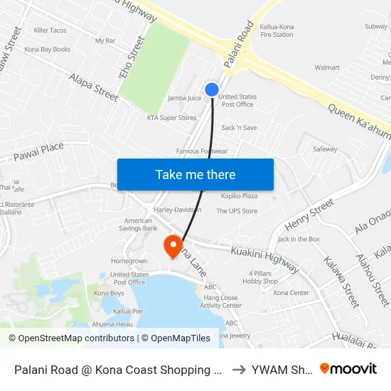 Palani Road @ Kona Coast Shopping Center to YWAM Ships map