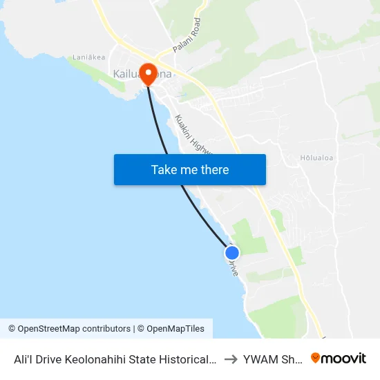 Ali'I Drive Keolonahihi State Historical Park to YWAM Ships map