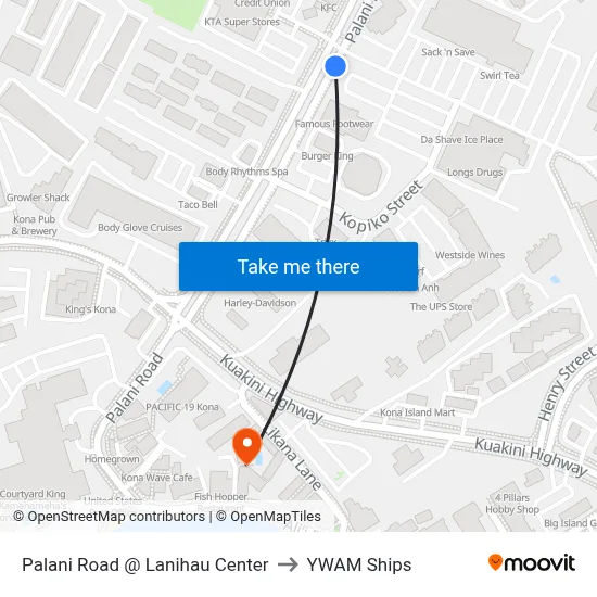 Palani Road @ Lanihau Center to YWAM Ships map