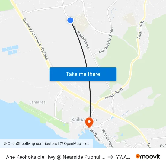 Ane Keohokalole Hwy @ Nearside Puohulihuli St (Kealakehe High School) to YWAM Ships map