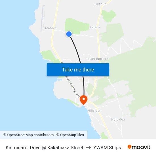 Kaiminami Drive @ Kakahiaka Street to YWAM Ships map