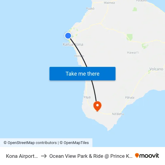 Kona Airport KOA to Ocean View Park & Ride @ Prince Kuhio Blvd map