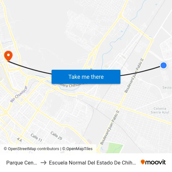 Parque Central to Escuela Normal Del Estado De Chihuahua map