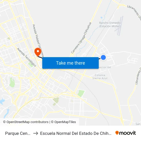Parque Central to Escuela Normal Del Estado De Chihuahua map