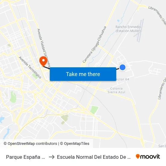Parque España 10106 to Escuela Normal Del Estado De Chihuahua map
