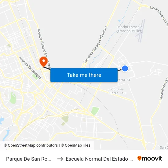 Parque De San Roman 10022 to Escuela Normal Del Estado De Chihuahua map