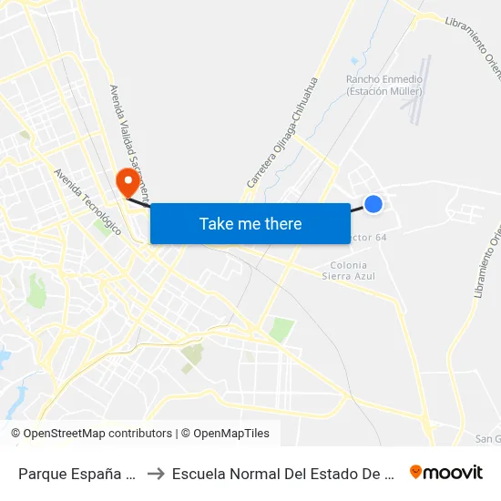 Parque España 10210 to Escuela Normal Del Estado De Chihuahua map
