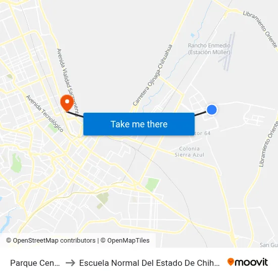 Parque Central to Escuela Normal Del Estado De Chihuahua map
