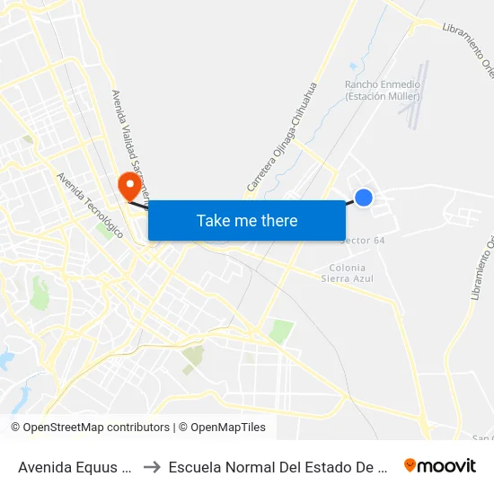 Avenida Equus 10201 to Escuela Normal Del Estado De Chihuahua map