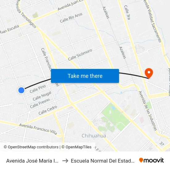 Avenida José María Iglesias, 4932 to Escuela Normal Del Estado De Chihuahua map