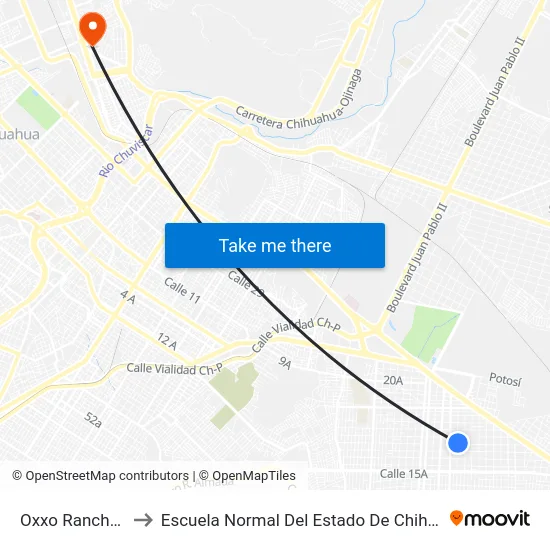 Oxxo Ranchería to Escuela Normal Del Estado De Chihuahua map
