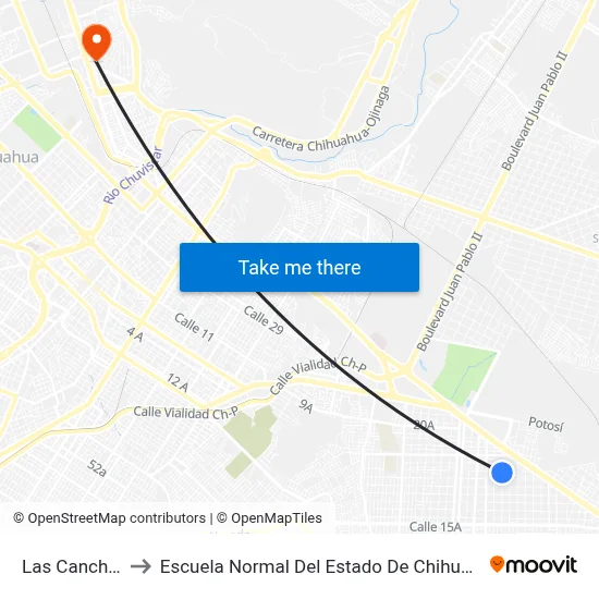 Las Canchas to Escuela Normal Del Estado De Chihuahua map